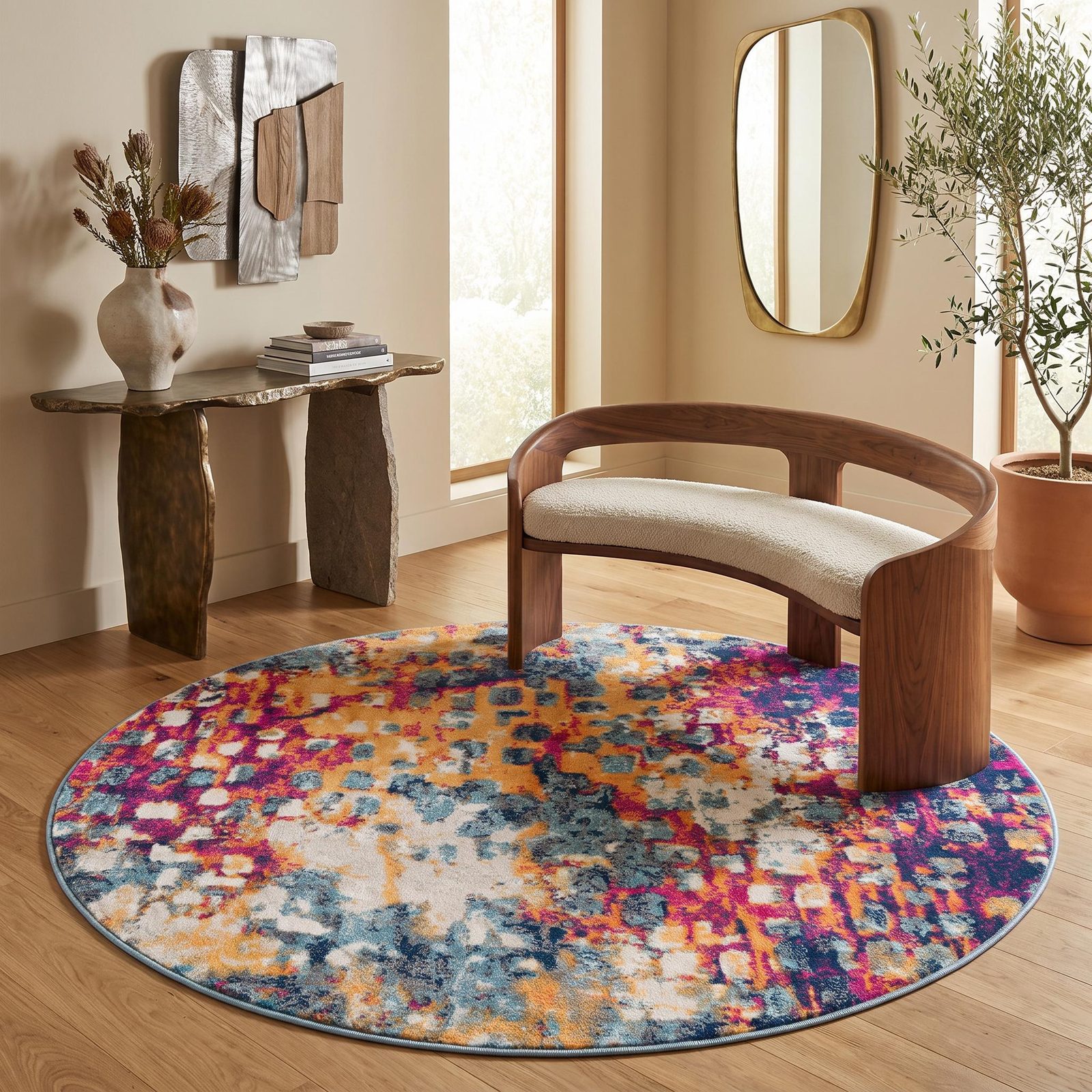 10′ Magenta and Gold Abstract Runner Rug