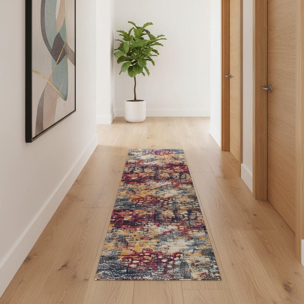 10′ Magenta and Gold Abstract Runner Rug