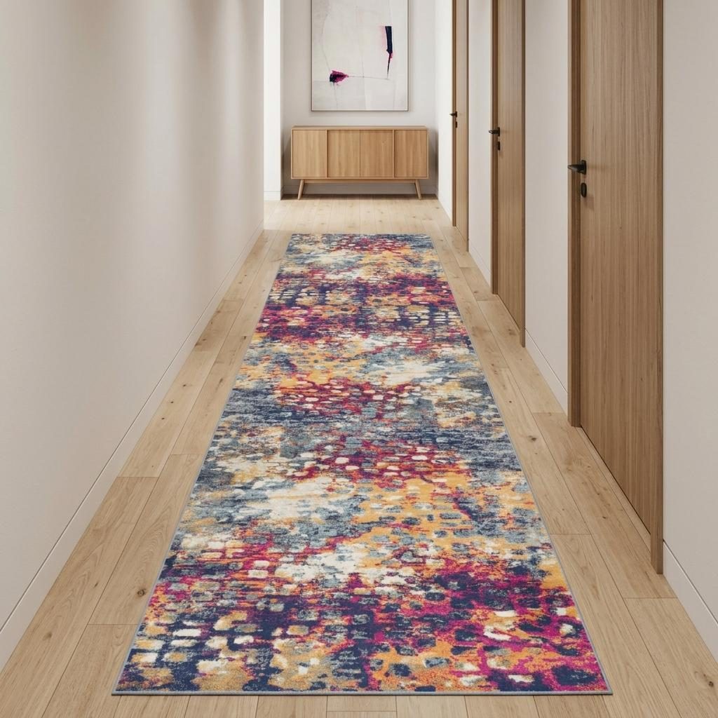 13′ Blue and Gold Abstract Runner Rug