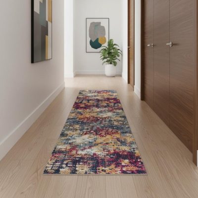15′ Blue and Ivory Abstract Runner Rug