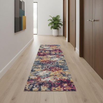 20′ Blue and Ivory Abstract Runner Rug