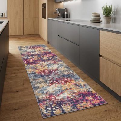 8′ Blue and Ivory Abstract Runner Rug