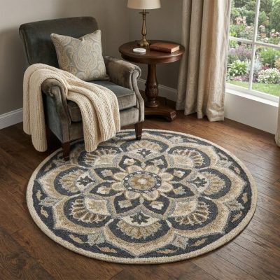 4′ Round Black Flower Blossom Area Rug