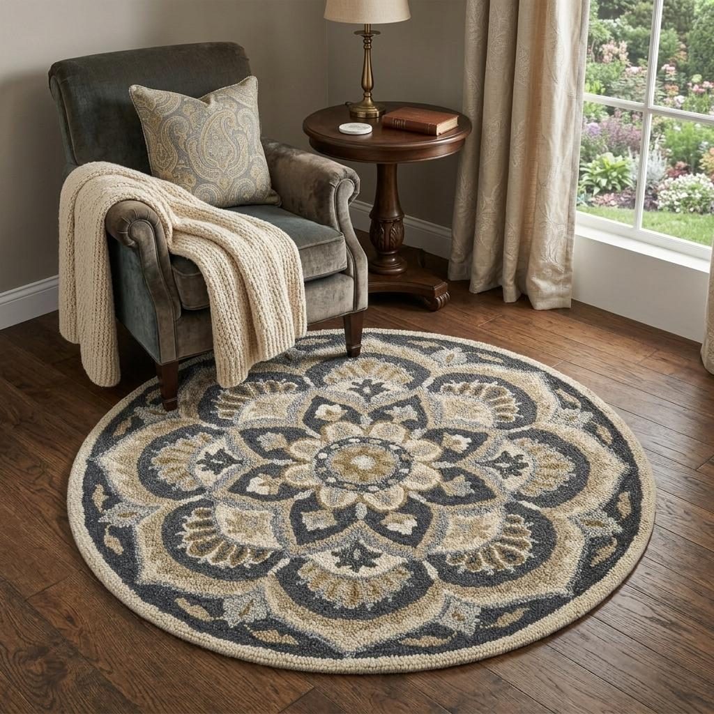 4′ Round Black Flower Blossom Area Rug