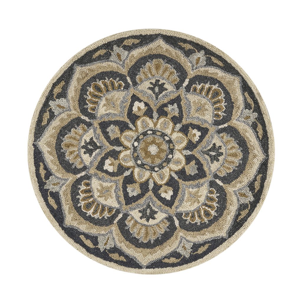 6′ Black and Tan Round Wool Floral Medallion Rug