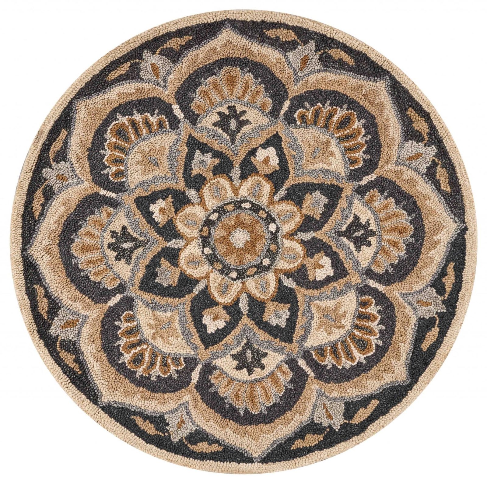 6′ Black and Tan Round Wool Floral Medallion Rug