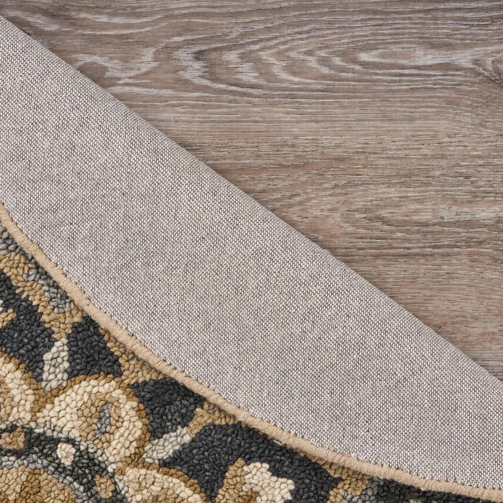 6′ Black and Tan Round Wool Floral Medallion Rug