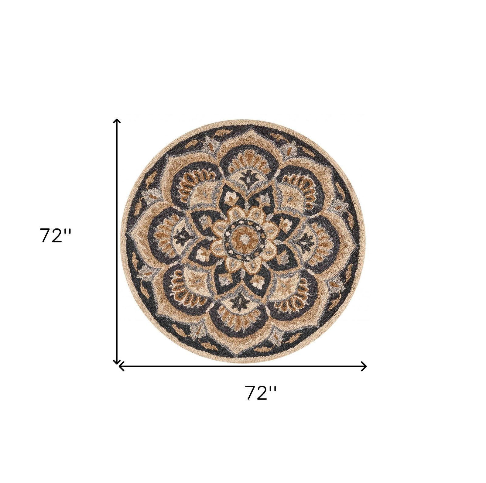 6′ Black and Tan Round Wool Floral Medallion Rug