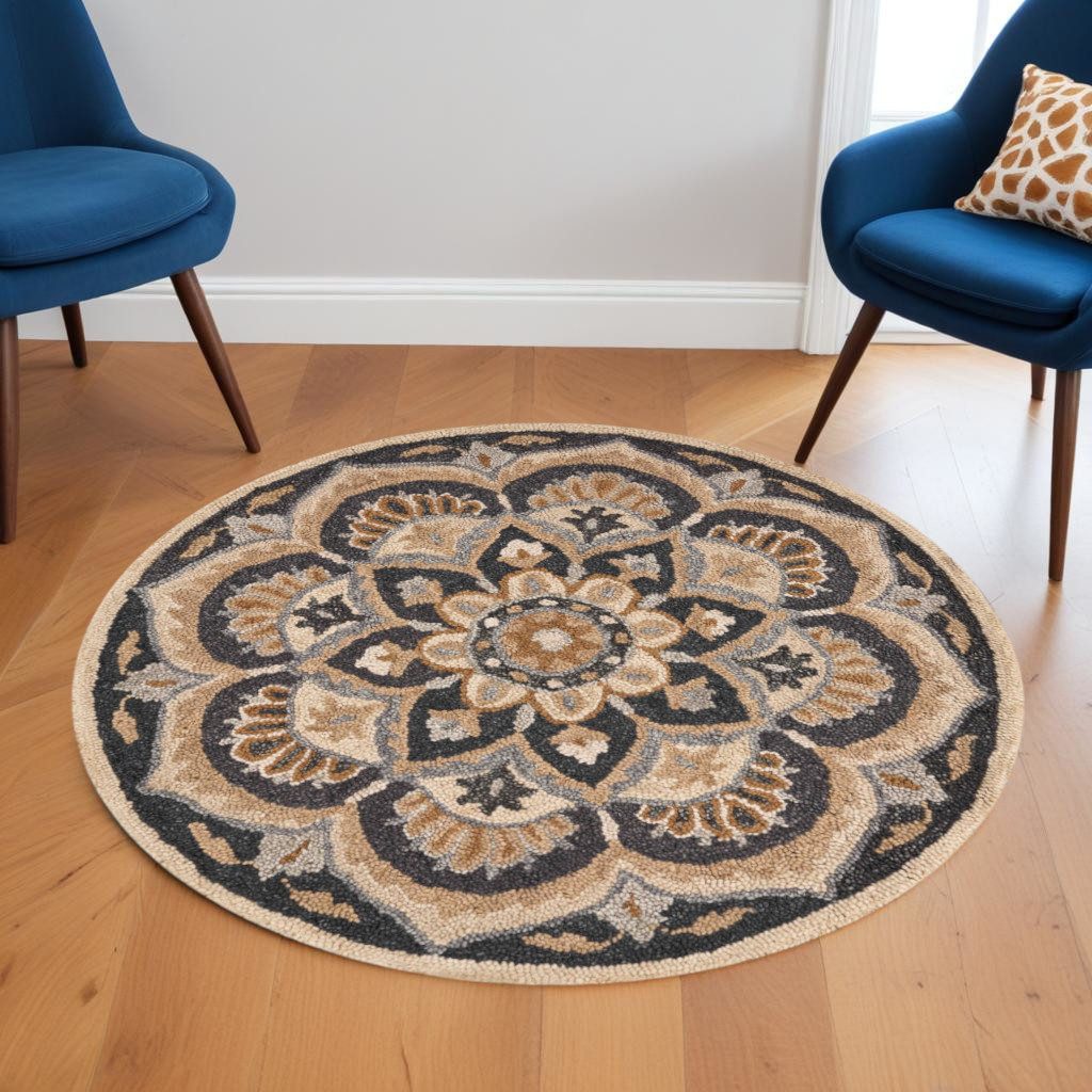 6′ Black and Tan Round Wool Floral Medallion Rug