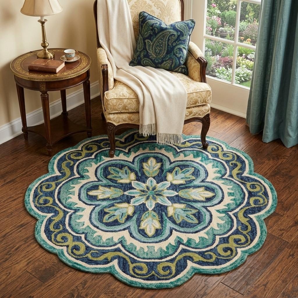 4′ Round Green Floral Artwork Rug