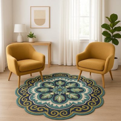 6′ Green and Ivory Wool Geometric Hand Tufted Round Rug