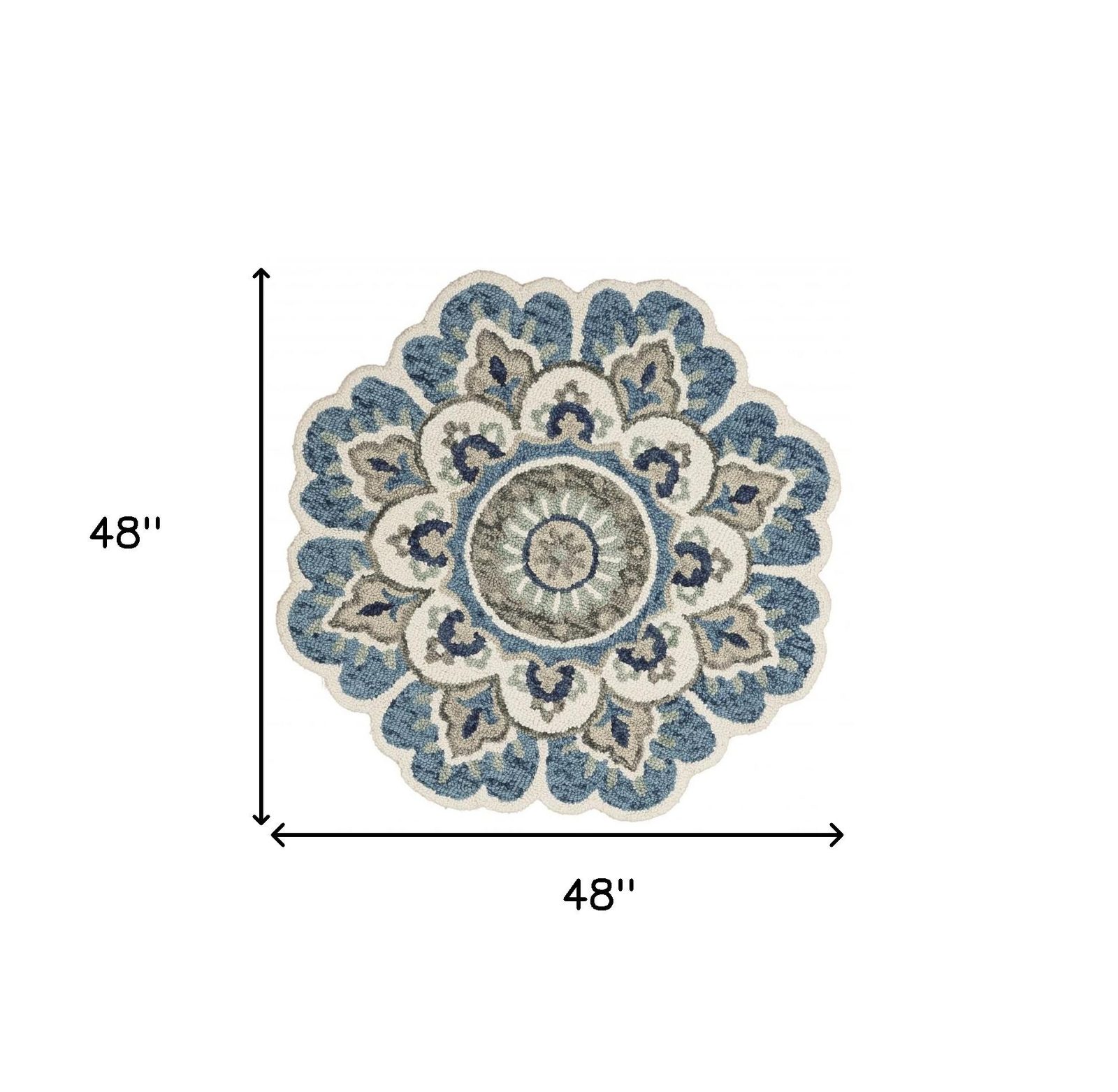 4′ Blue and Cream Floral Medallion Wool Round Rug