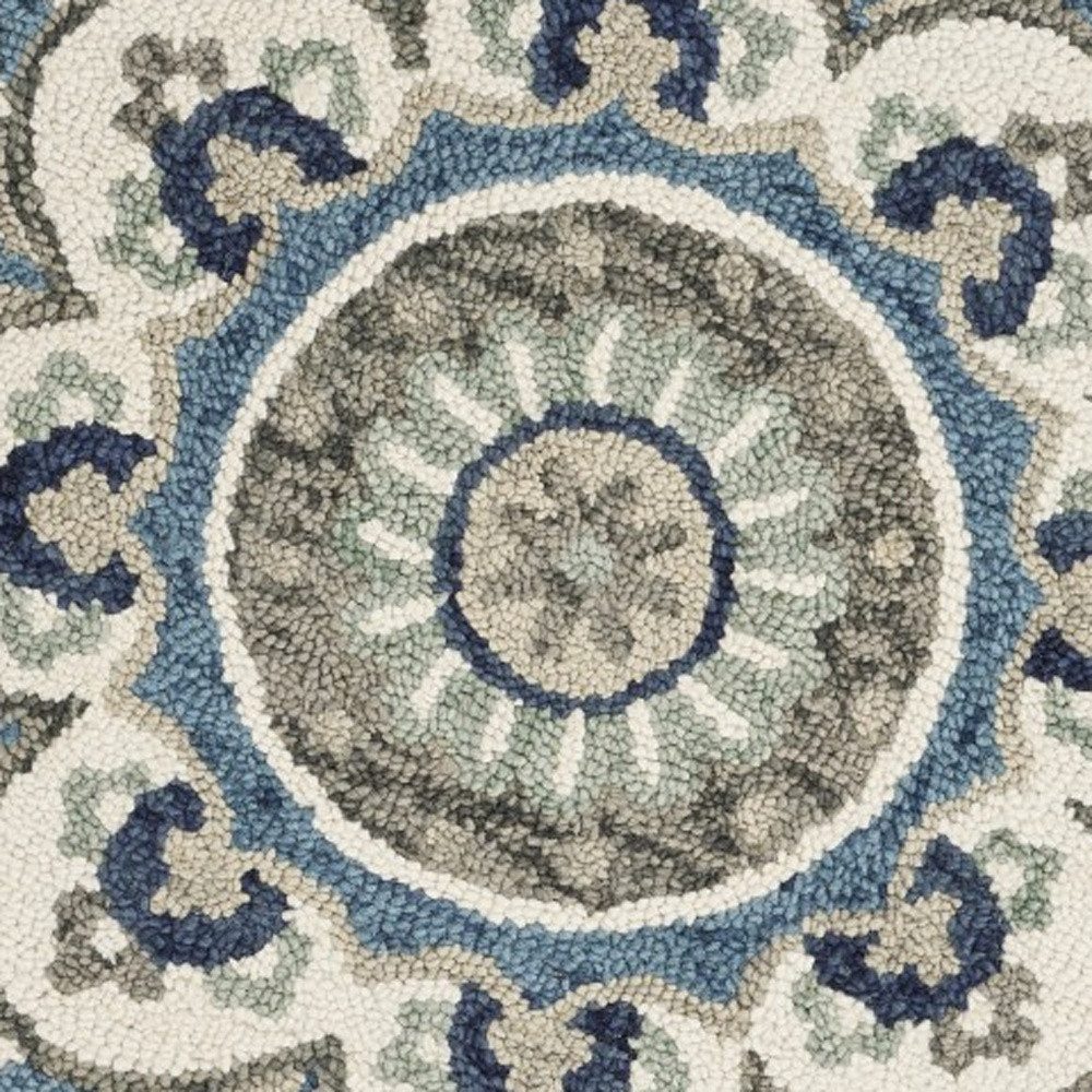 4′ Blue and Cream Floral Medallion Wool Round Rug