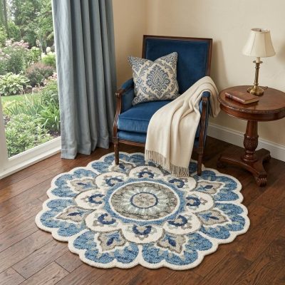 4′ Blue and Cream Floral Medallion Wool Round Rug