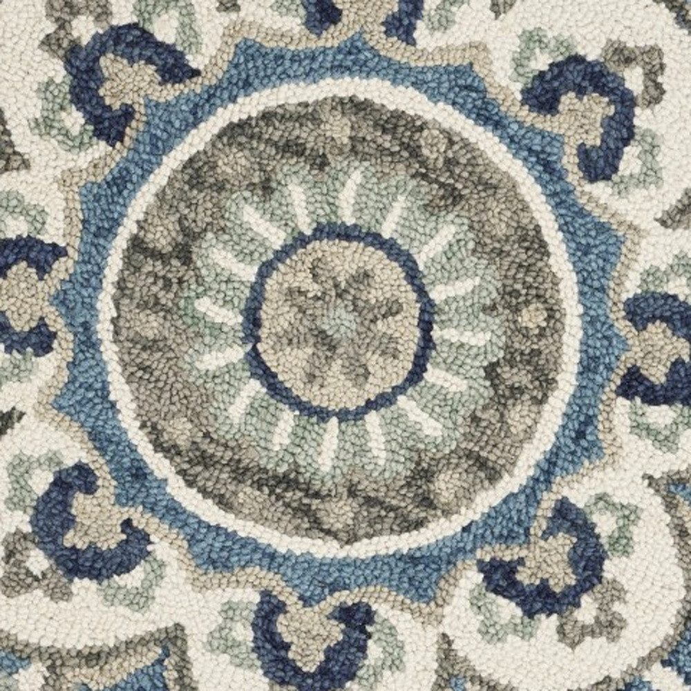 4′ Blue and Cream Floral Medallion Wool Round Rug