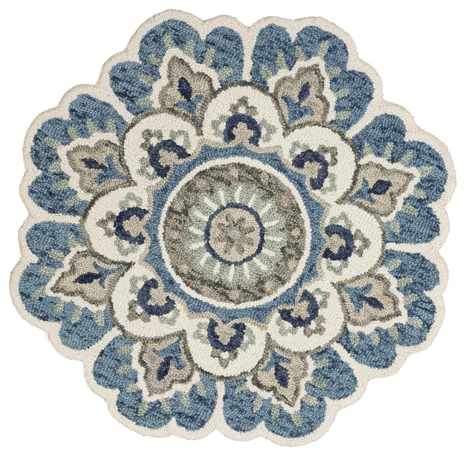 6′ Ivory Teal Blue Green Wool Hand Tufted Round Rug