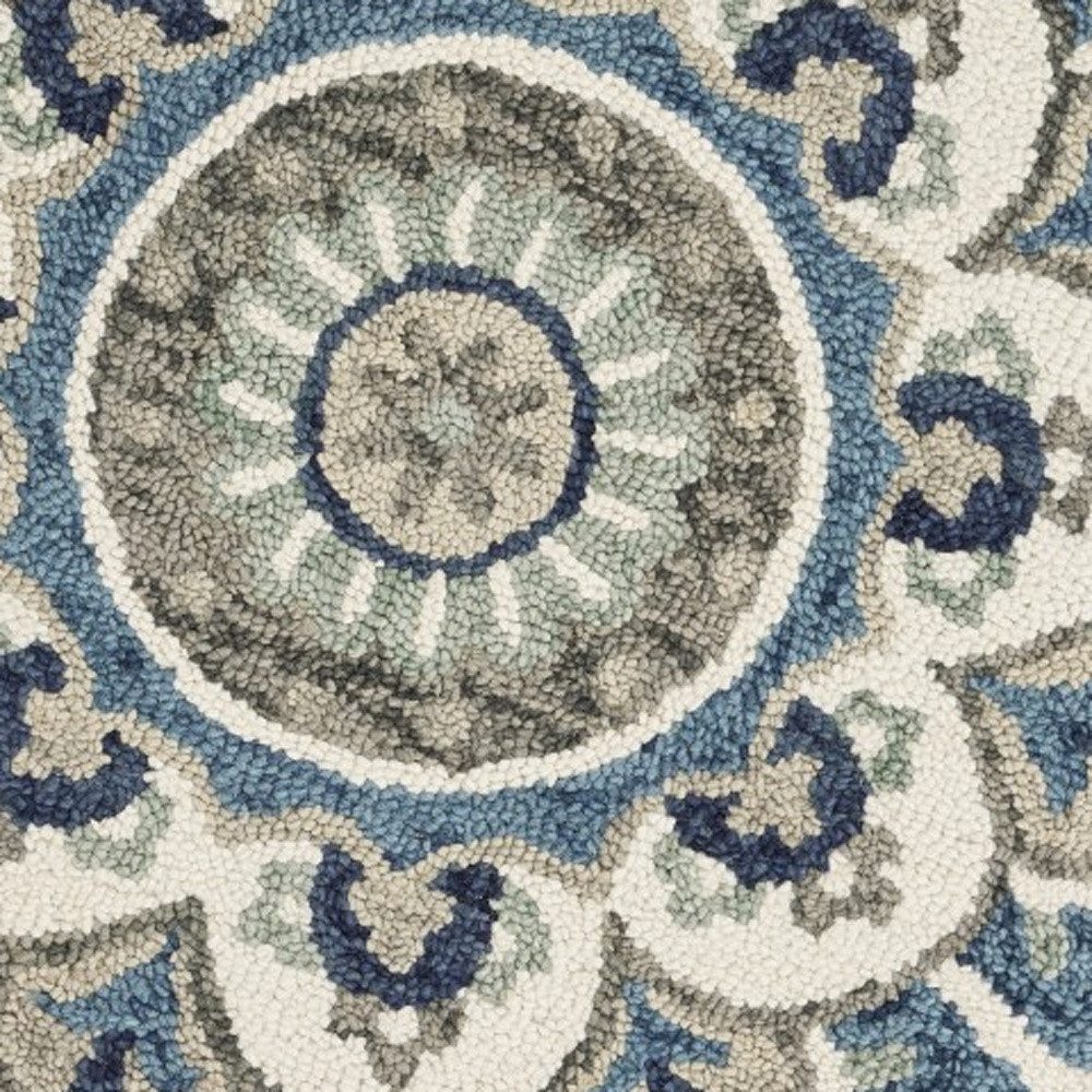 6′ Ivory Teal Blue Green Wool Hand Tufted Round Rug