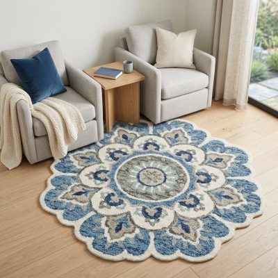6′ Ivory Teal Blue Green Wool Hand Tufted Round Rug