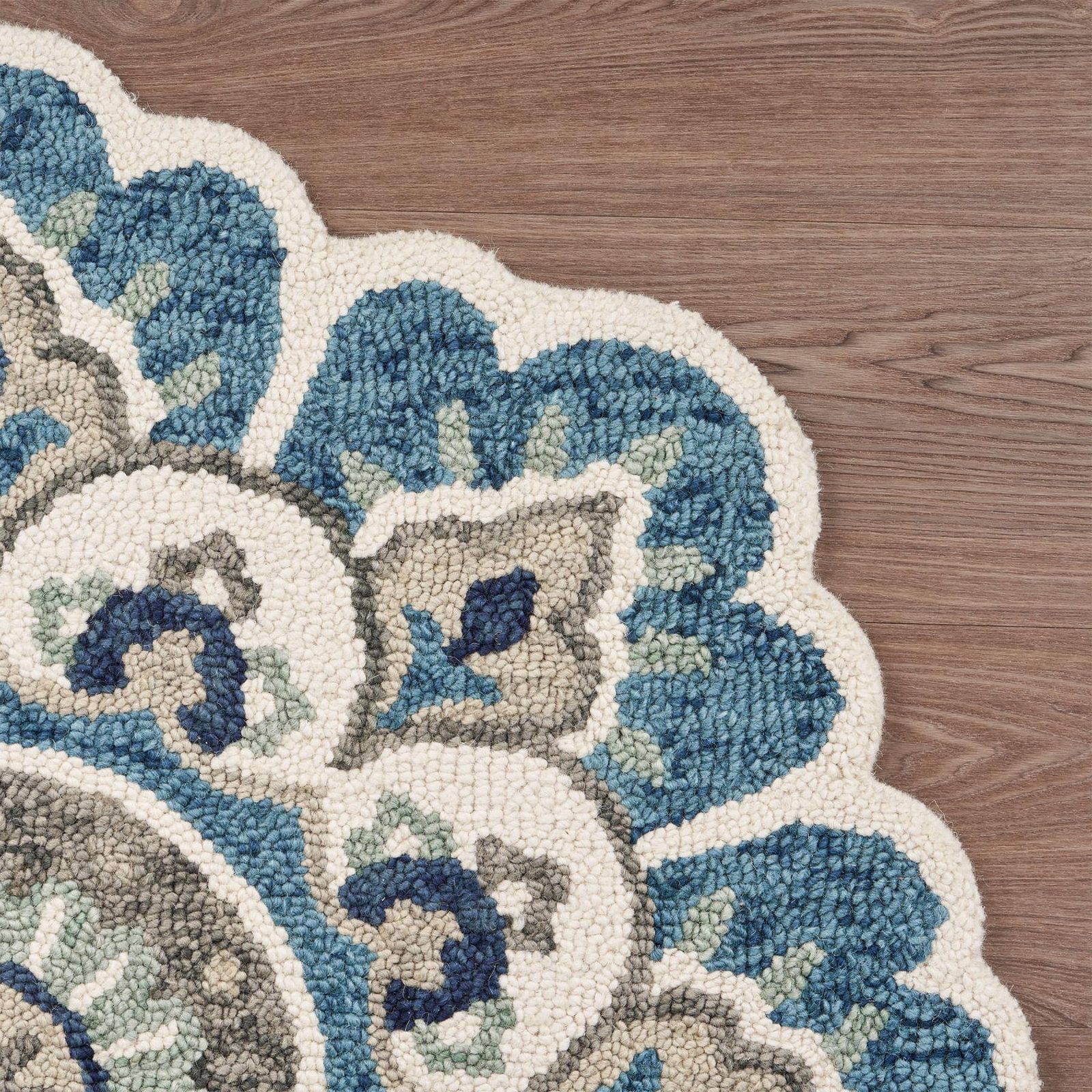 6′ Ivory Teal Blue Green Wool Hand Tufted Round Rug