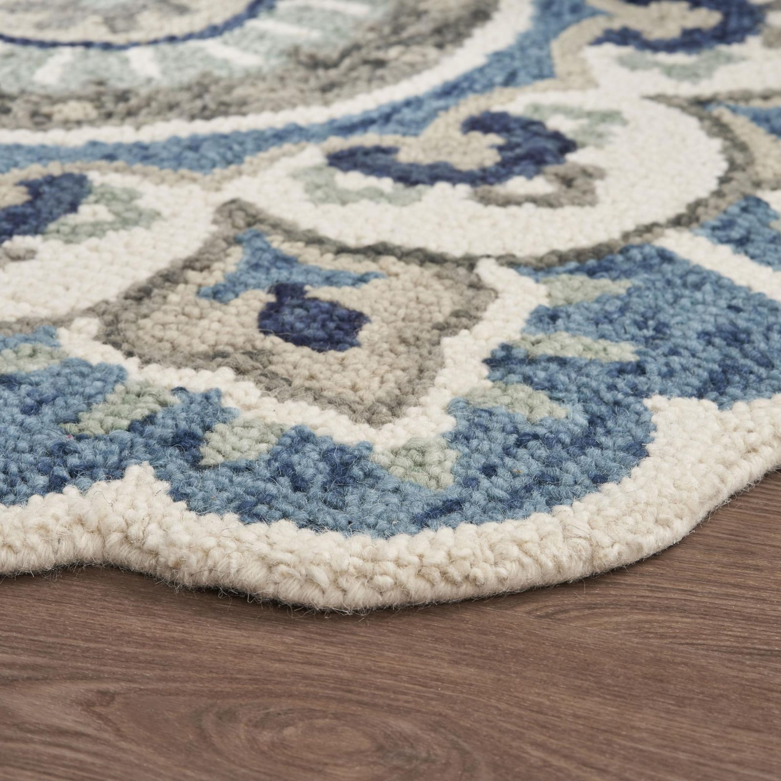 6′ Ivory Teal Blue Green Wool Hand Tufted Round Rug