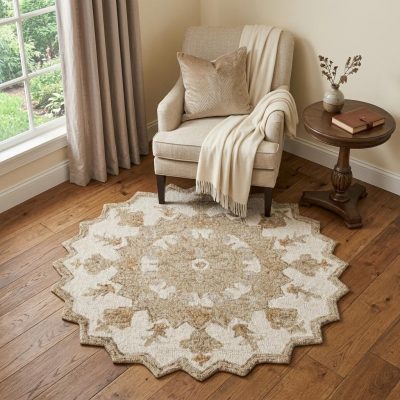3′ Tan Retro Modern Medallion Round Rug