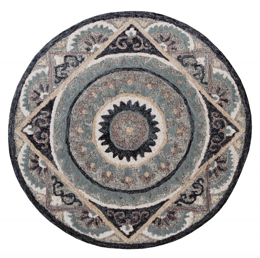 3′ Gray Geometric Medallion Round Rug