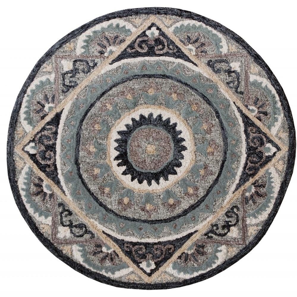 3′ Gray Geometric Medallion Round Rug