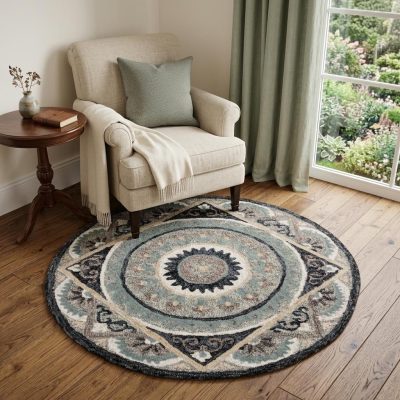 3′ Gray Geometric Medallion Round Rug