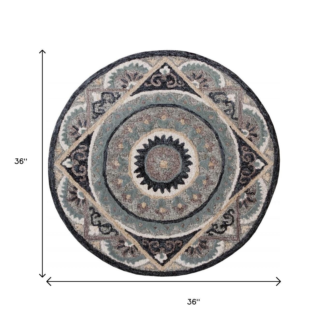 3′ Gray Geometric Medallion Round Rug