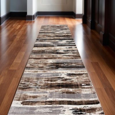 13′ Beige and Ivory Abstract Shag Runner Rug