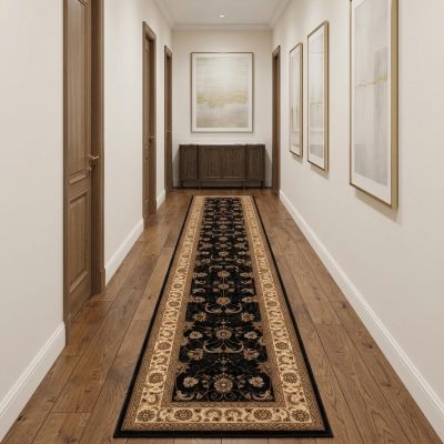 10′ Black and Ivory Oriental Runner Rug