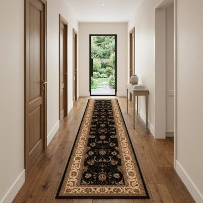13′ Black And Ivory Oriental Runner Rug
