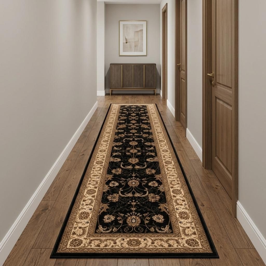 15′ Black and Ivory Oriental Runner Rug
