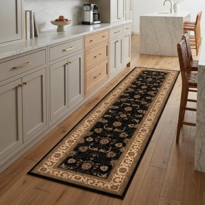 8′ Black and Ivory Oriental Runner Rug