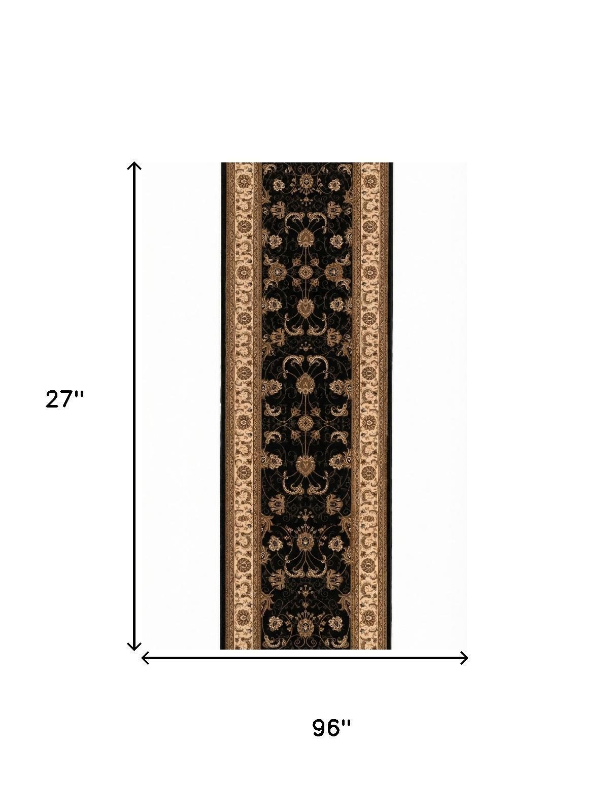 8′ Black and Ivory Oriental Runner Rug