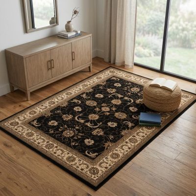 4′ X 6′ Black and Ivory Oriental Area Rug