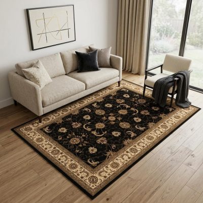 5′ X 8′ Black and Ivory Oriental Area Rug