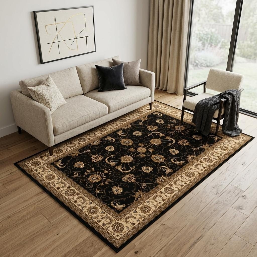 5′ X 8′ Black and Ivory Oriental Area Rug