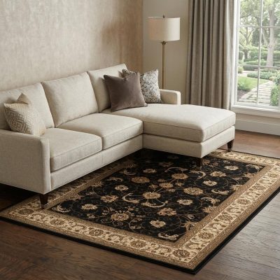 7′ X 9′ Black And Ivory Oriental Area Rug