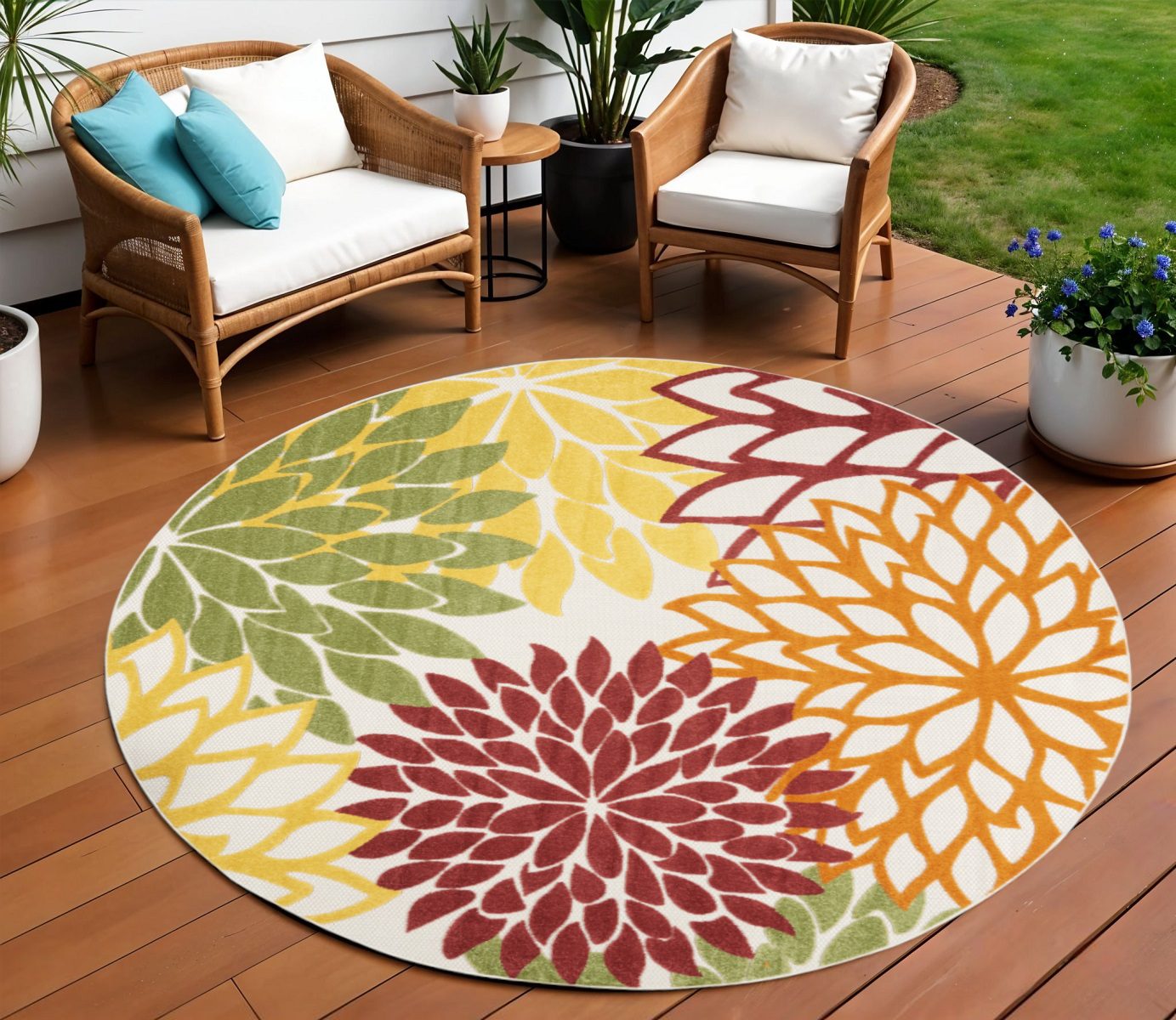8′ X 8′ Red and Ivory Indoor Outdoor Area Rug