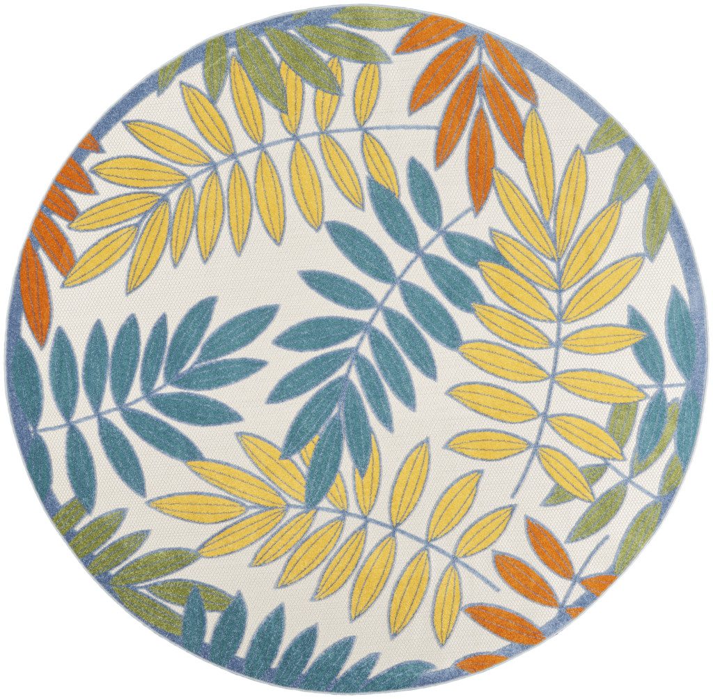 8′ X 8′ Ivory And Blue Round Indoor Outdoor Rug