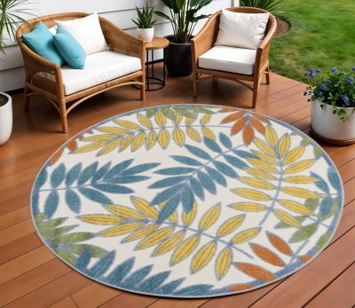 8′ X 8′ Ivory And Blue Round Indoor Outdoor Rug
