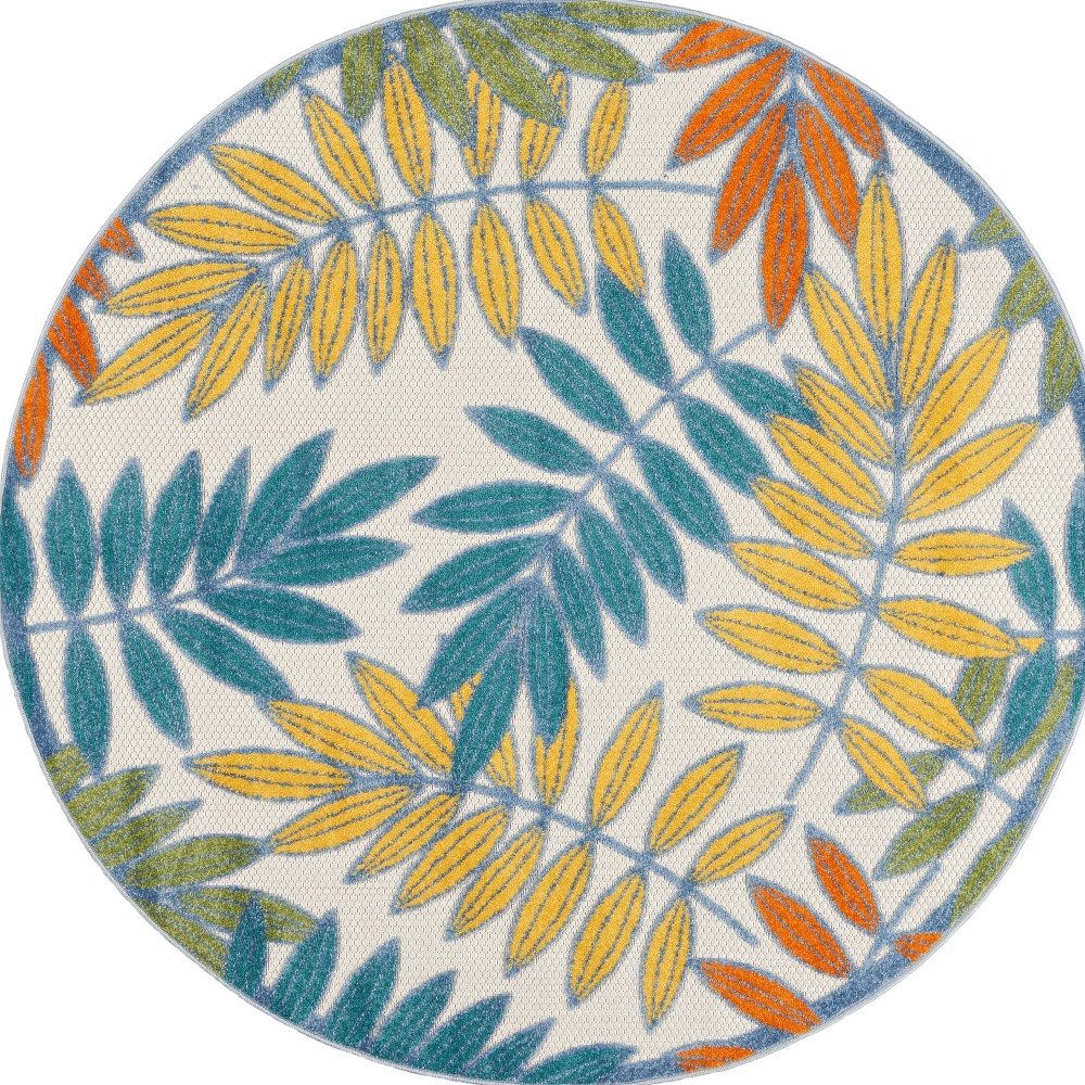 8′ X 8′ Ivory And Blue Round Indoor Outdoor Rug