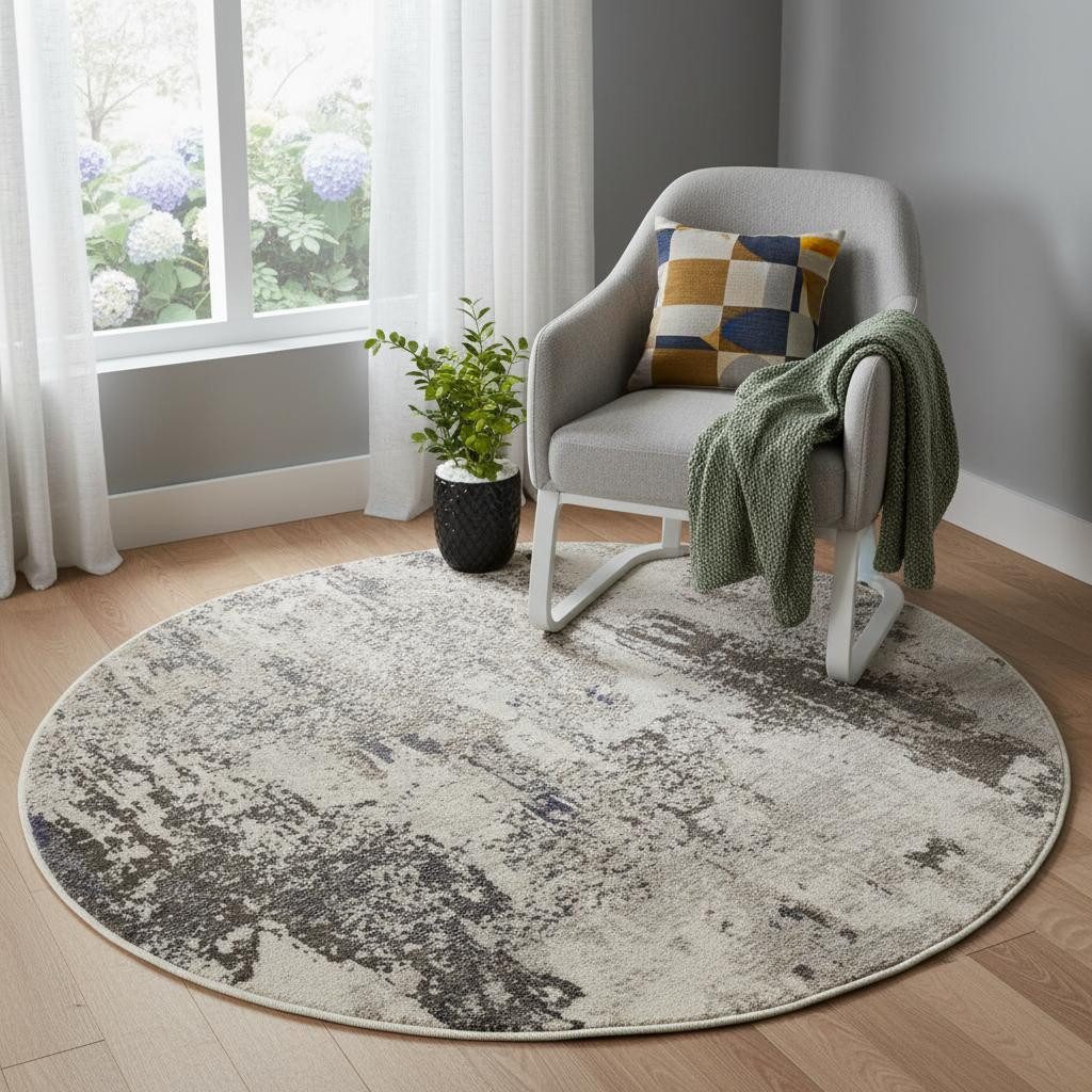 4′ X 4′ Ivory And Grey Abstract Round Rug