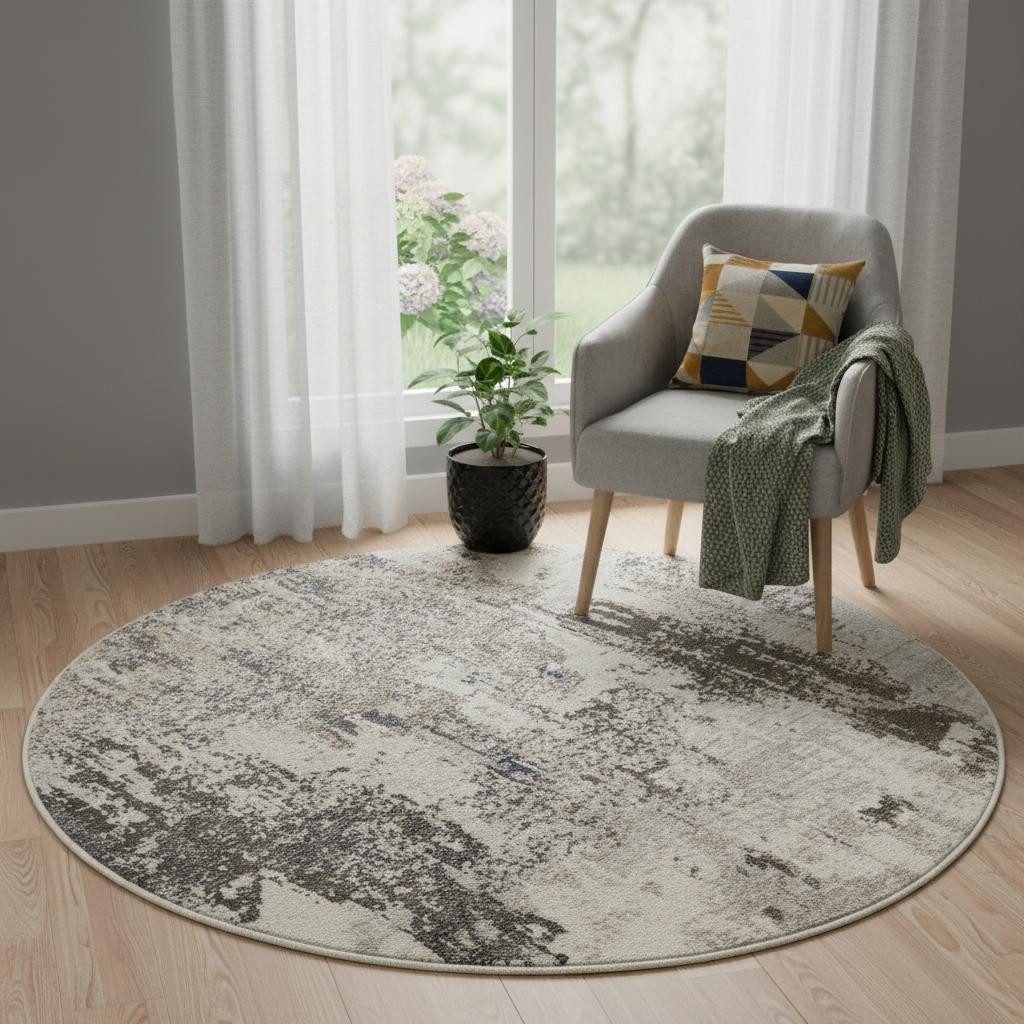 5′ X 5′ Ivory and Grey Abstract Round Rug