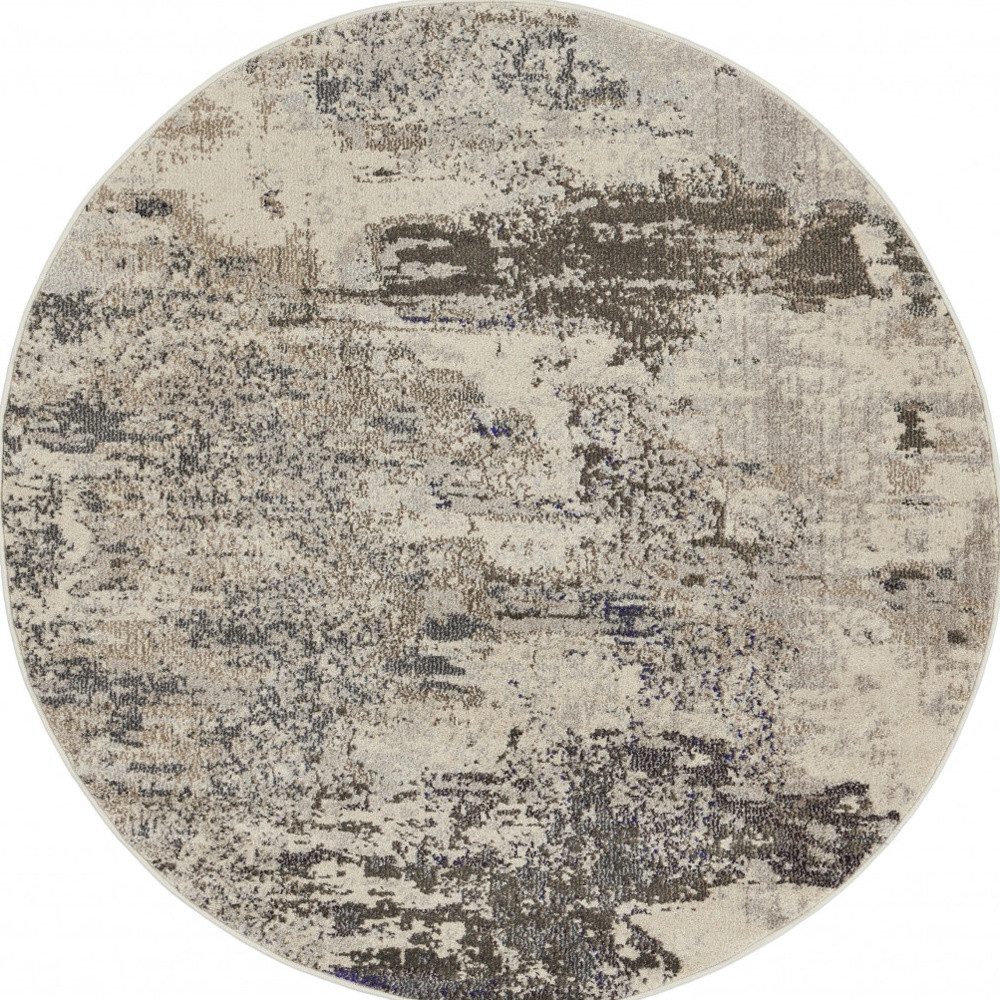 8′ X 8′ Ivory and Grey Abstract Round Rug