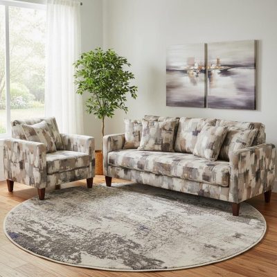 8′ X 8′ Ivory and Grey Abstract Round Rug