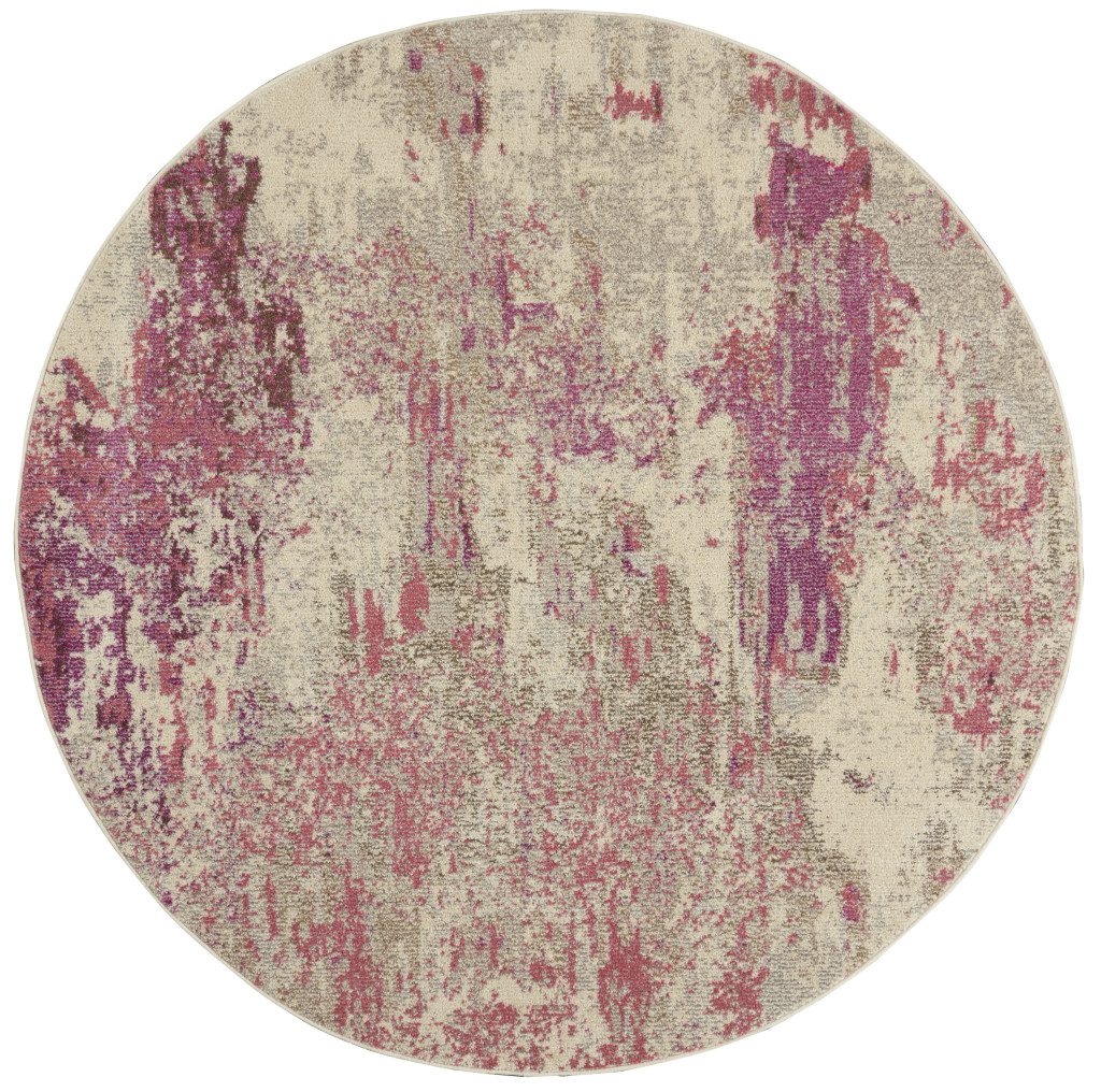 4′ X 4′ Ivory And Pink Abstract Round Rug