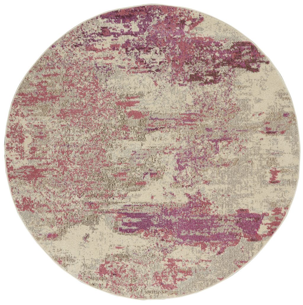 5′ X 5′ Ivory And Pink Abstract Round Rug