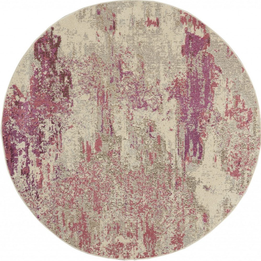 8′ X 8′ Ivory And Pink Abstract Round Rug
